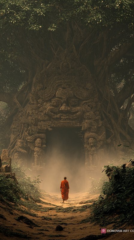 พระภิกษุเดินทางผ่านประตูโบราณ