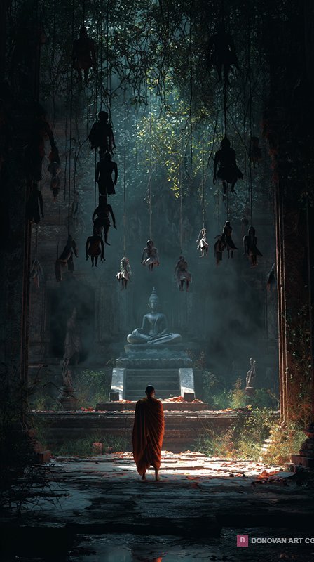 พระสงฆ์ในวัดโบราณท่ามกลางธรรมชาติ