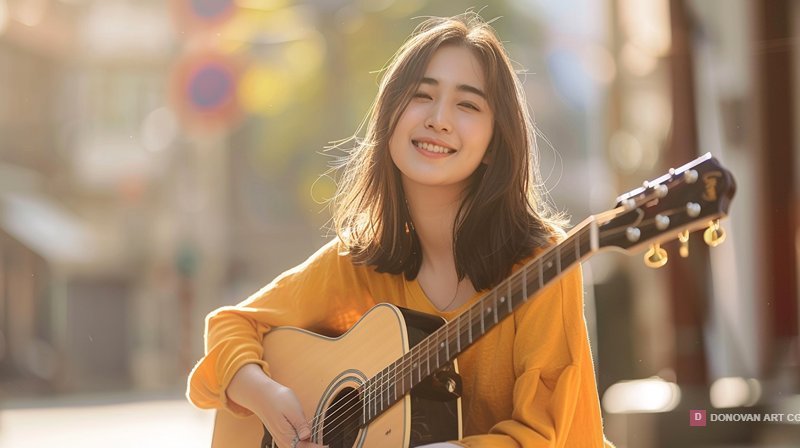 สาวนั่งเล่นกีตาร์ในแสงแดด