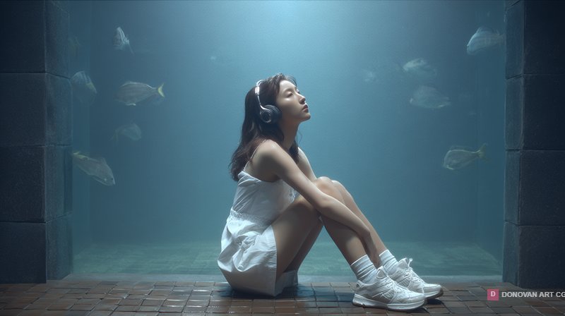 หญิงสาวฟังเพลงในน้ำ