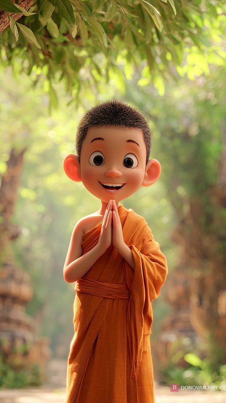 เด็กน้อยพระภิกษุยิ้มแย้มในธรรมชาติ