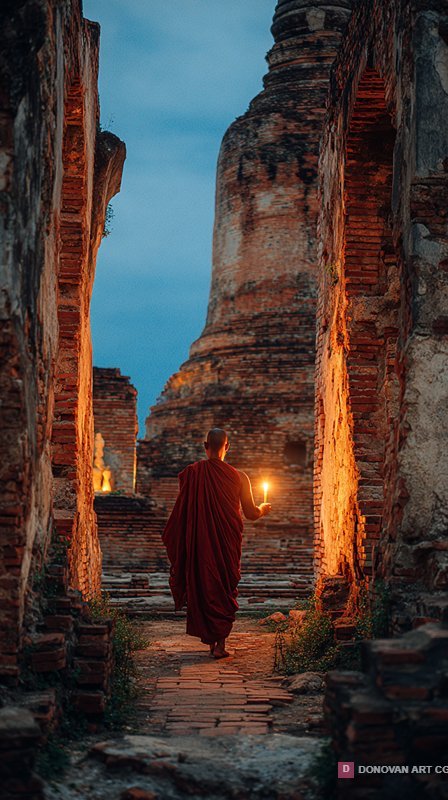พระสงฆ์ถือโคมไฟในวัดโบราณ