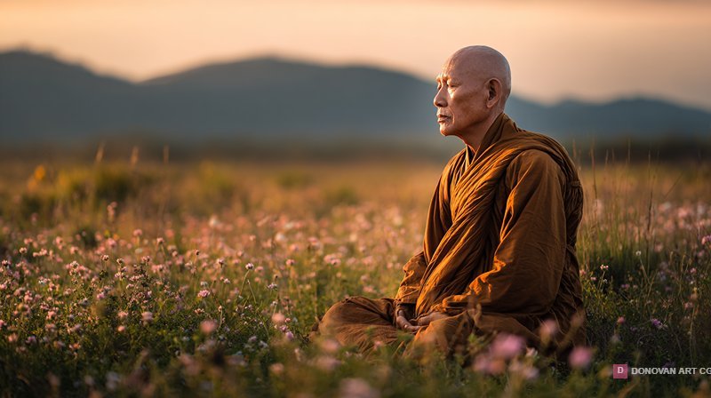พระสงฆ์นั่งสมาธิในทุ่งดอกไม้