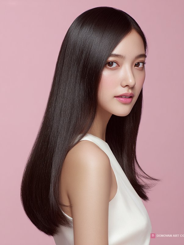 ผู้หญิงผมยาวสลวยบนพื้นหลังสีชมพู