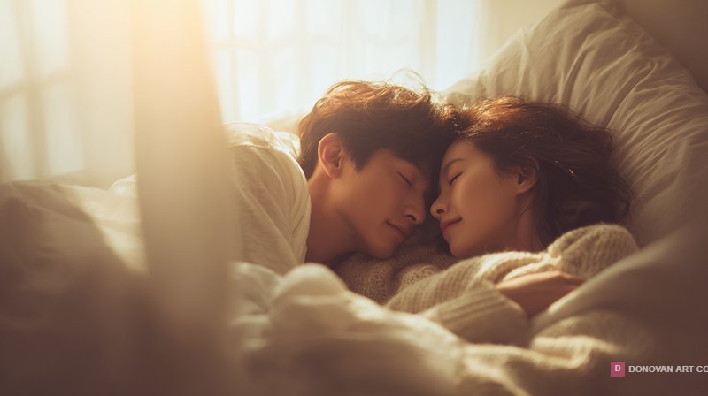คู่รักนอนอยู่บนเตียงในแสงอาทิตย์