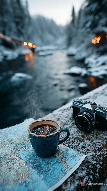 กาแฟร้อนในฤดูหนาวริมแม่น้ำ