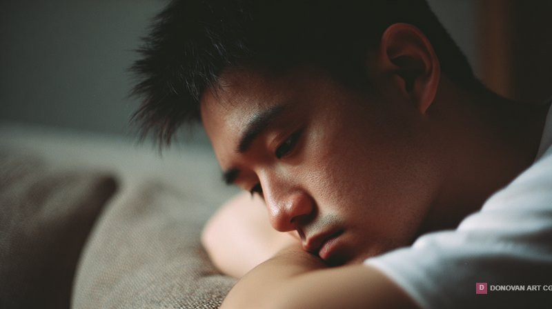 ชายหนุ่มนั่งครุ่นคิดอย่างลึกซึ้ง