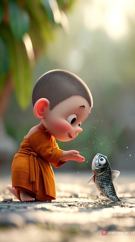 เด็กน้อยพระสงฆ์เล่นกับปลา