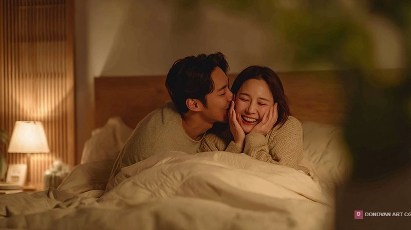 คู่รักน่ารักในห้องนอนอบอุ่น