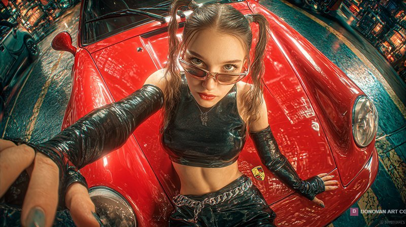 สาวเท่กับรถสปอร์ตสีแดงในเมือง