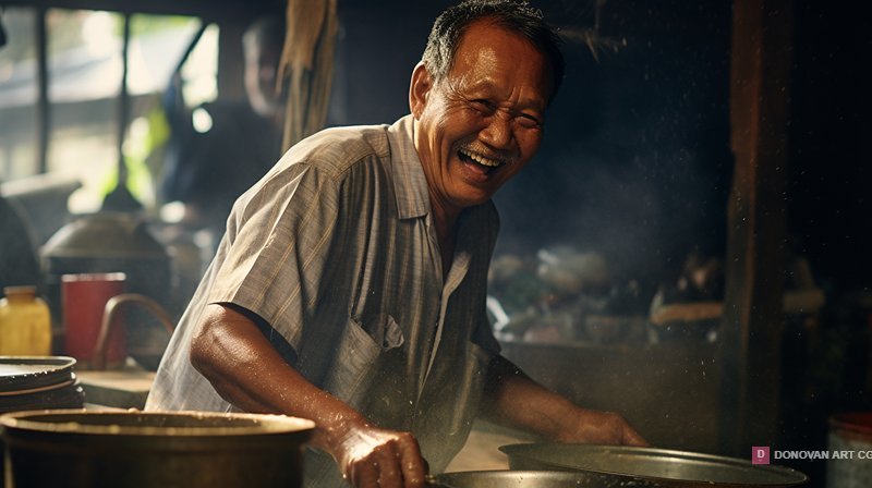 ชายสูงอายุหัวเราะในตลาดท้องถิ่น
