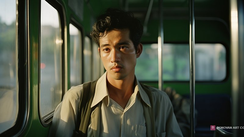 ชายหนุ่มบนรถบัสในเมือง