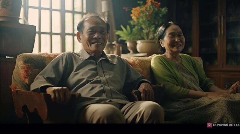 คู่รักสูงวัยนั่งอยู่ในบ้าน