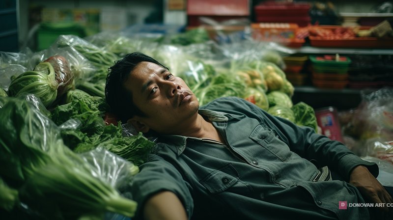 ชายในตลาดผักที่เหนื่อยล้า