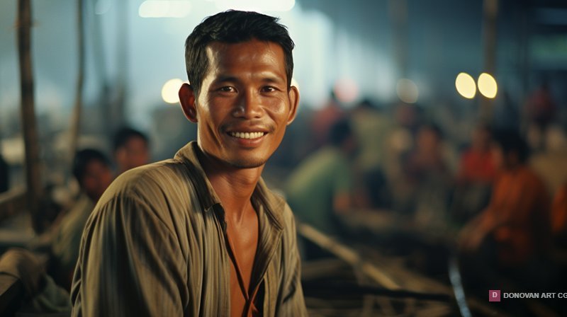 ชายหนุ่มยิ้มในตลาดกลางคืน