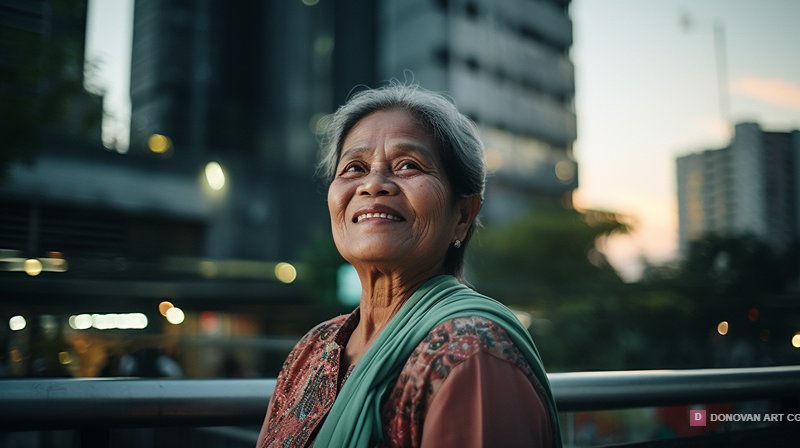 หญิงสูงอายุยิ้มในเมือง
