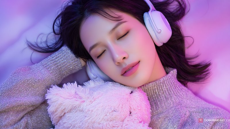 หญิงสาวฟังเพลงกับตุ๊กตาหมีนุ่มนิ่ม