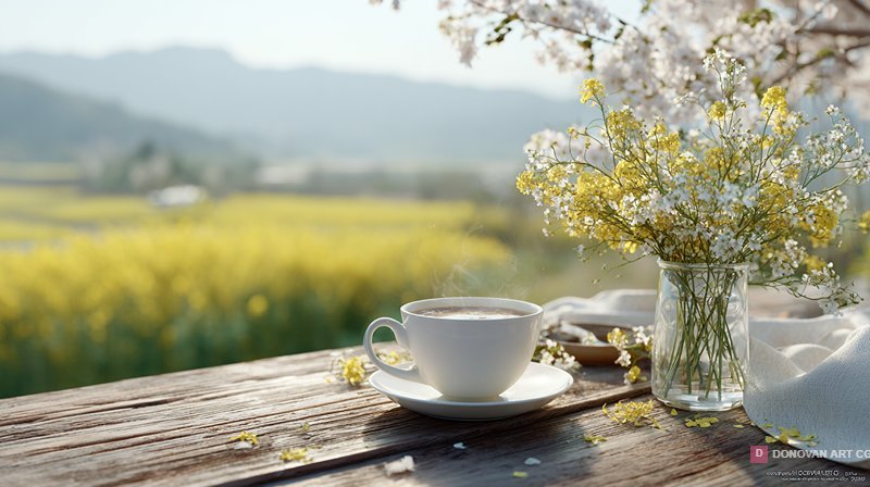 กาแฟร้อนกับดอกไม้ในฤดูใบไม้ผลิ