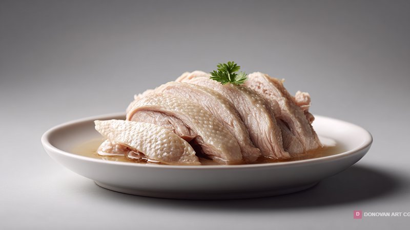 ไก่ต้มสุกนุ่มในจานเรียบง่าย