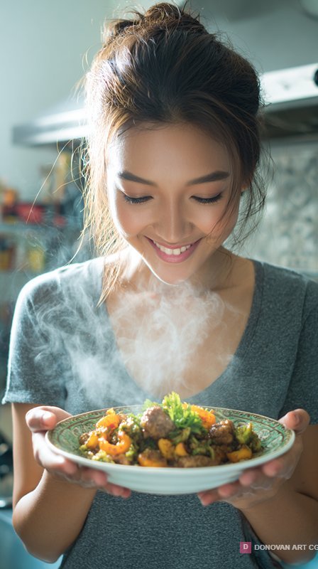 ผู้หญิงยิ้มถือจานอาหารอร่อย