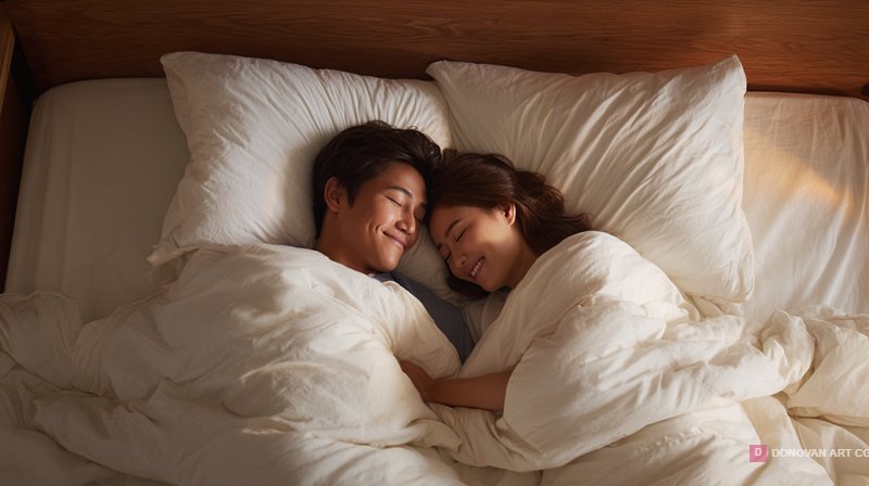 คู่รักนอนอยู่บนเตียงอย่างมีความสุข