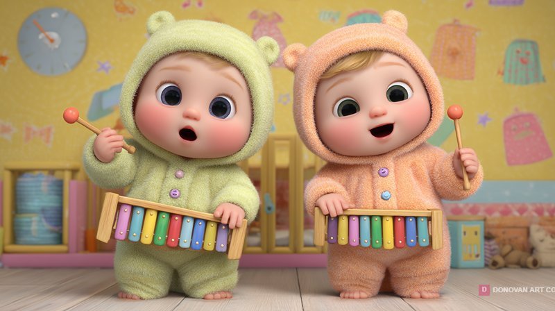 เด็กน้อยน่ารักเล่นเครื่องดนตรี