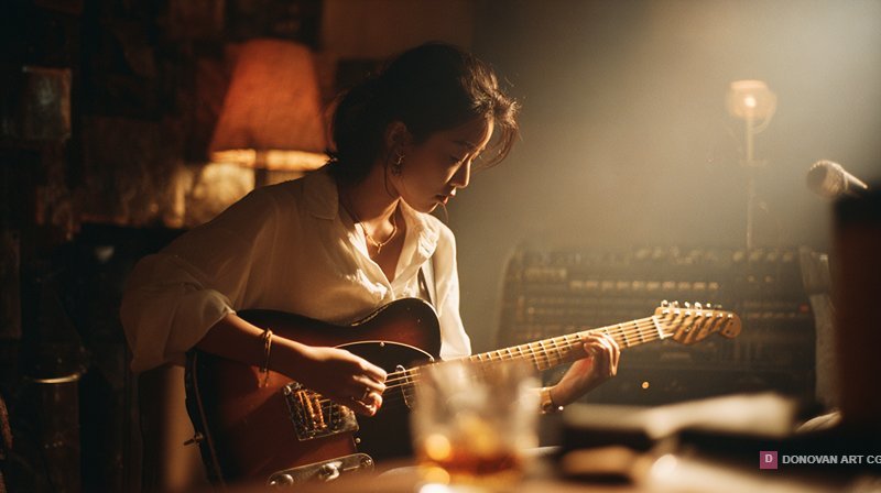 หญิงสาวเล่นกีตาร์ในบรรยากาศอบอุ่น