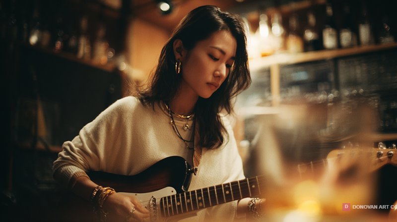 สาวเล่นกีตาร์ในบรรยากาศอบอุ่น