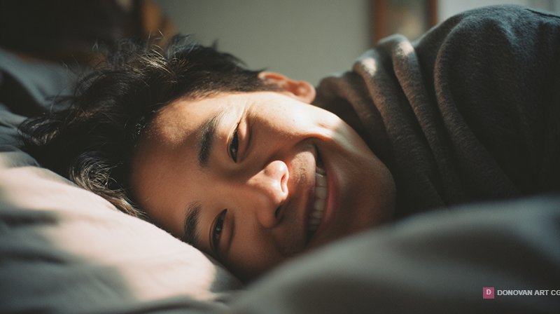 ชายหนุ่มยิ้มในห้องนอน