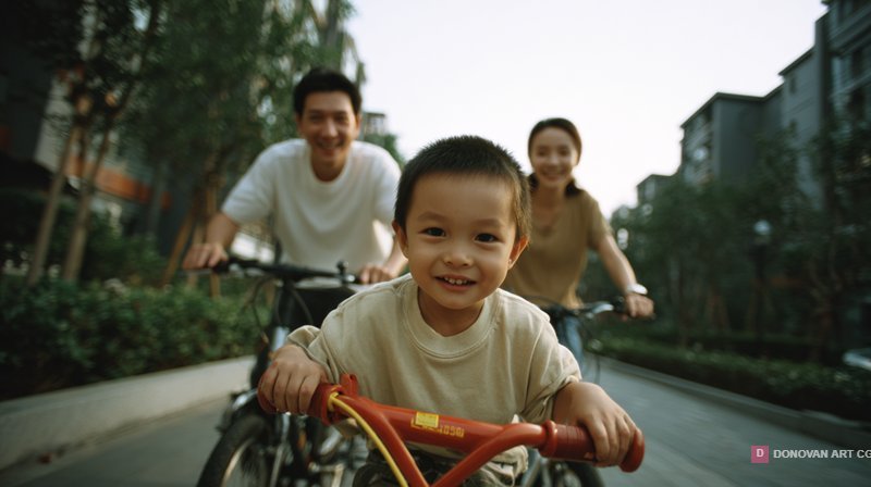เด็กชายขี่จักรยานกับครอบครัวในเมือง