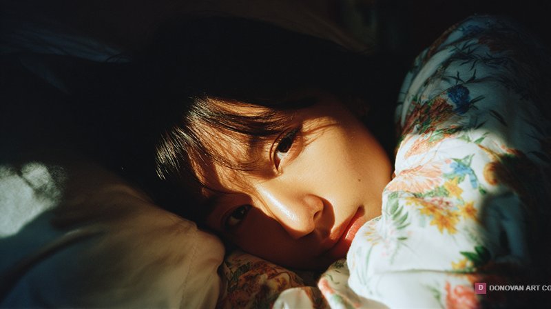 หญิงสาวนอนอยู่บนเตียงในแสงแดด