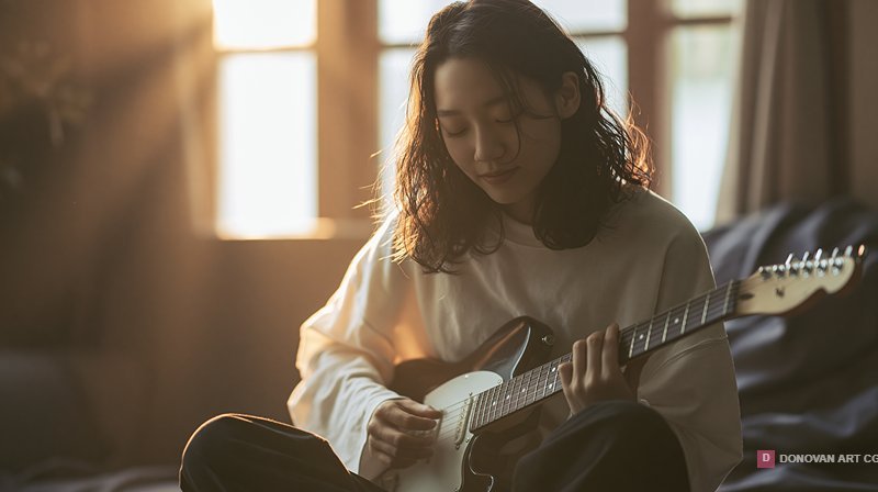 สาวเล่นกีตาร์ในแสงแดดอบอุ่น