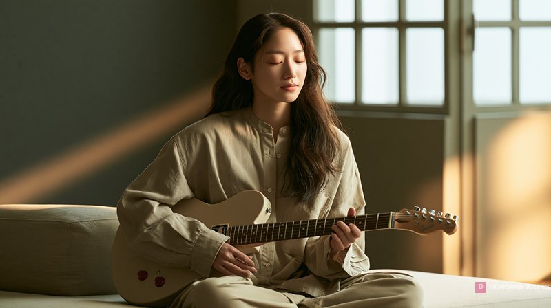 หญิงสาวเล่นกีตาร์ในห้องสว่าง