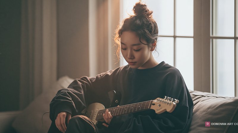 สาวนั่งเล่นกีตาร์ในห้องสว่าง