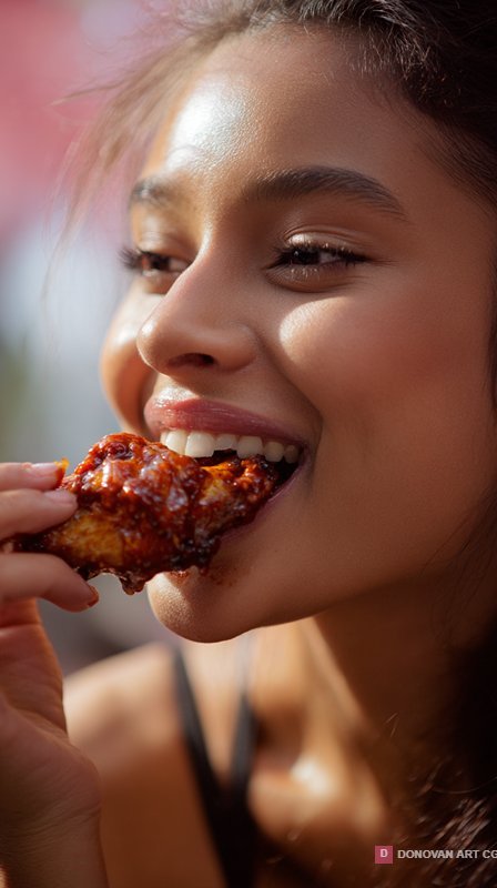 สาวสวยกินไก่ทอดอย่างมีความสุข