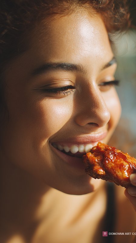 สาวสวยยิ้มรับประทานปีกไก่ทอด