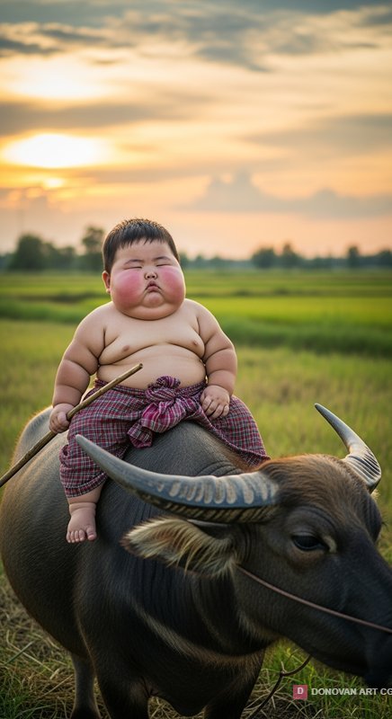 เด็กน้อยนั่งควายในทุ่งนา