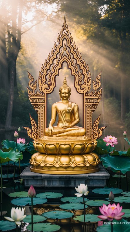 พระพุทธรูปทองคำในสวนดอกบัว