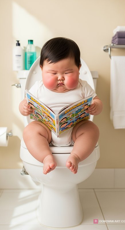 เด็กน้อยนั่งอ่านหนังสือบนโถส้วม