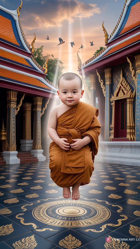 เด็กน้อยในชุดพระสงฆ์กลางวัดสวยงาม
