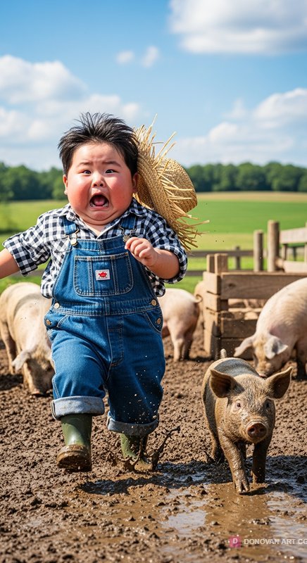 เด็กน้อยวิ่งเล่นกับหมูในฟาร์ม