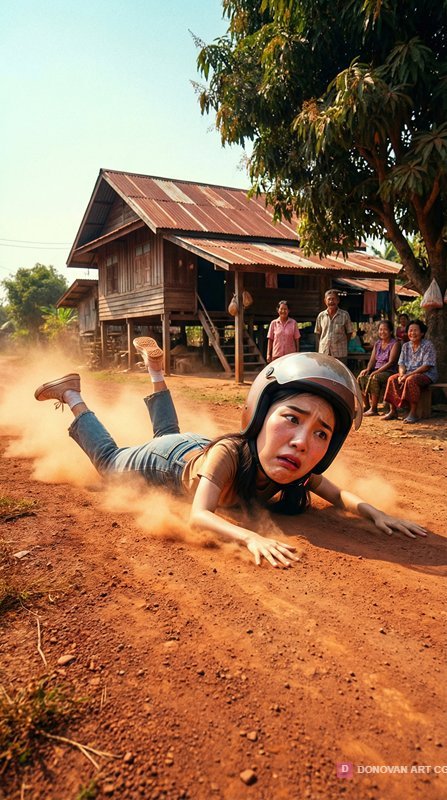 สาวล้มบนดินในชนบทไทย