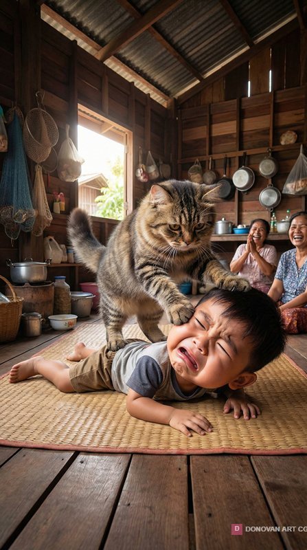 แมวทำให้เด็กน้อยร้องไห้ในบ้านไม้
