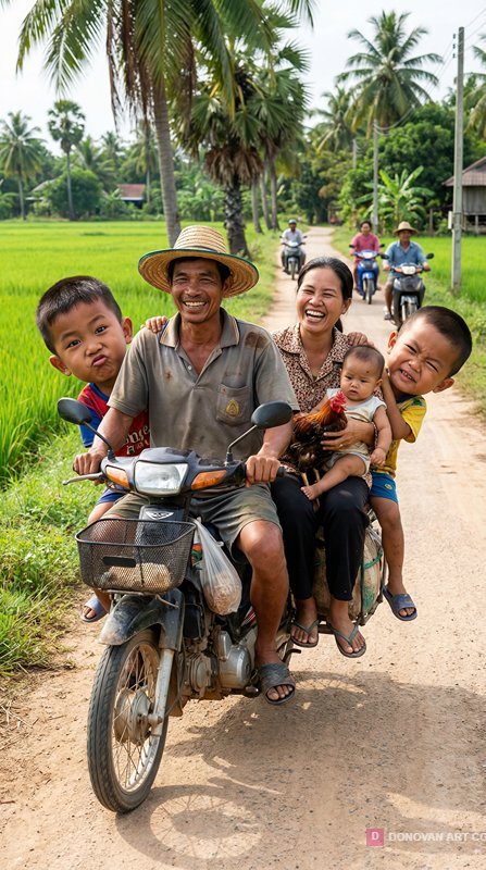 ครอบครัวไทยบนมอเตอร์ไซค์ในทุ่งนา