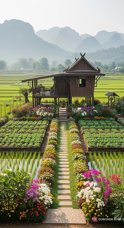 บ้านไม้กลางทุ่งนาและสวนดอกไม้สวยงาม