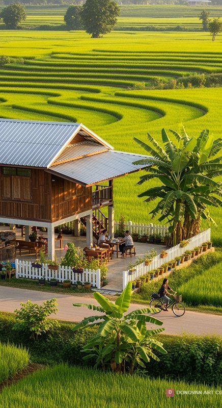 บ้านไม้กลางทุ่งนาเขียวขจี