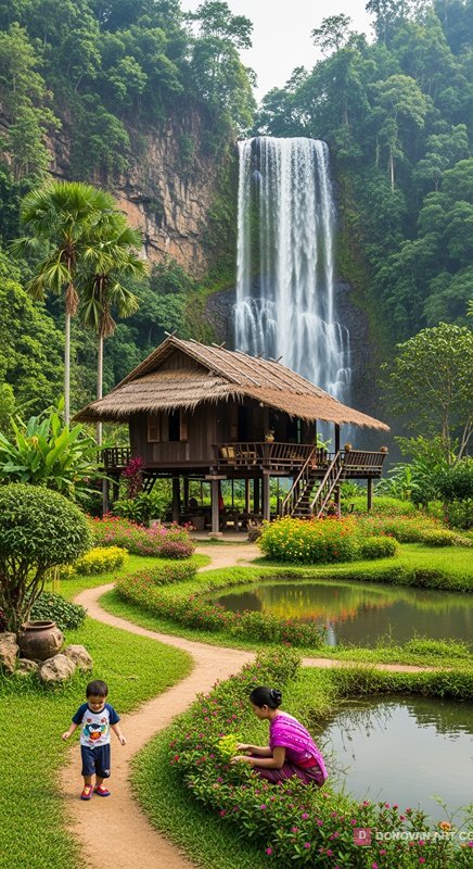 บ้านไม้กลางธรรมชาติและน้ำตกสวยงาม