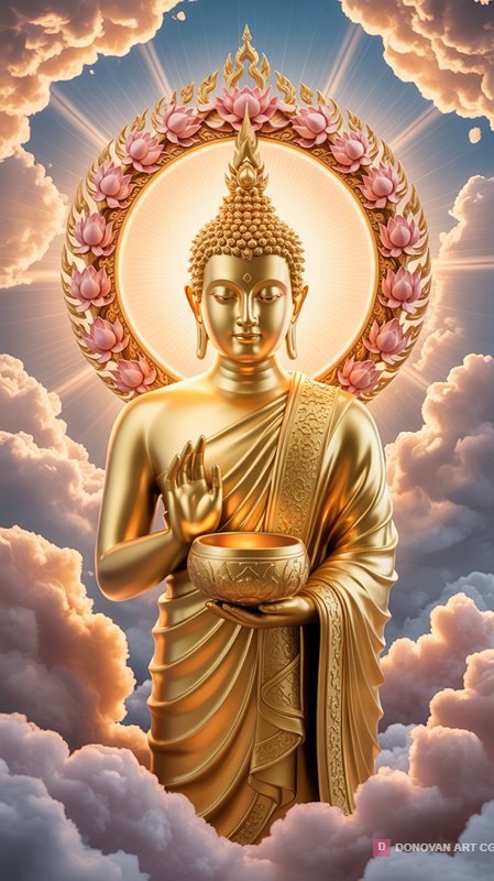 พระพุทธรูปทองคำในท้องฟ้าสวยงาม