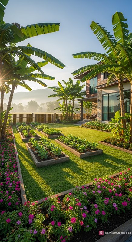 สวนสวยในบ้านที่มีต้นกล้วยและดอกไม้