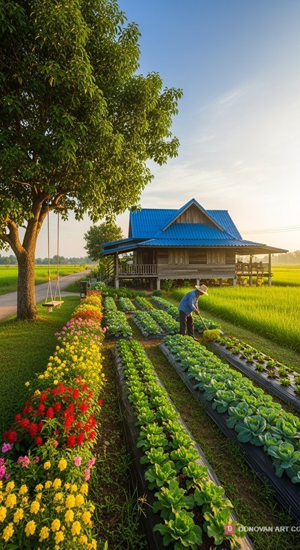 สวนผักสวยงามในชนบทไทย